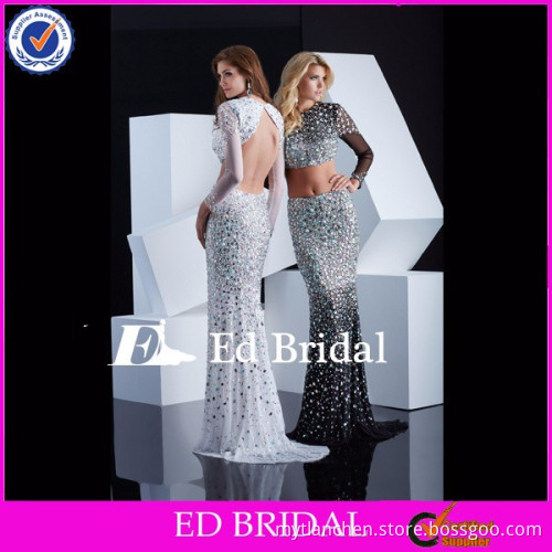 NN17 2015 Popular Heavy Beaded Sexy Backless Long Sleeve Two Piece Prom Dress